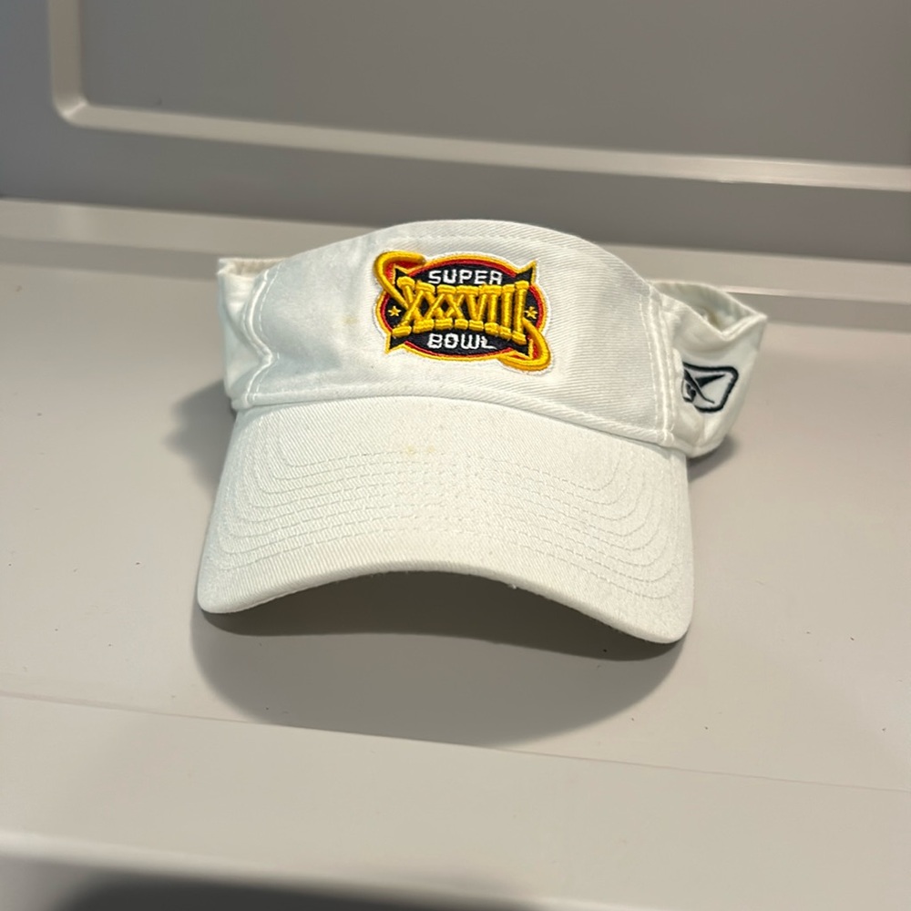Superbowl XXXVIII (38) 2004 white Visor Patriots vs Panthers in Houston TX